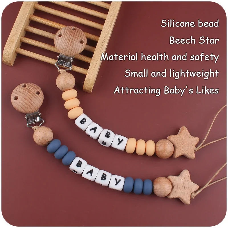 Baby Pacifiers Clips Wooden Star Personalized Name DIY Silicone Dummy