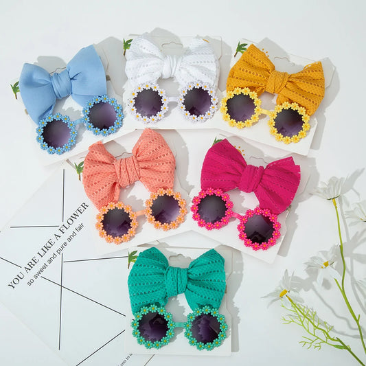 2Pcs/Card Daisy Baby Sunglasses Eyelet Bow Headband Set Elastic Nylon