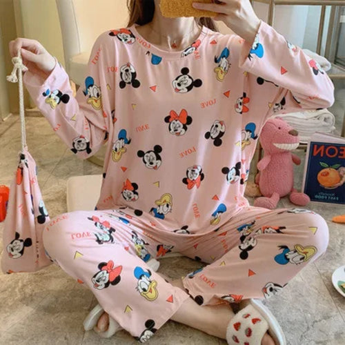 Cartoon Mickey and Minnie Print Girls Long Sleeve Pajamas Spring