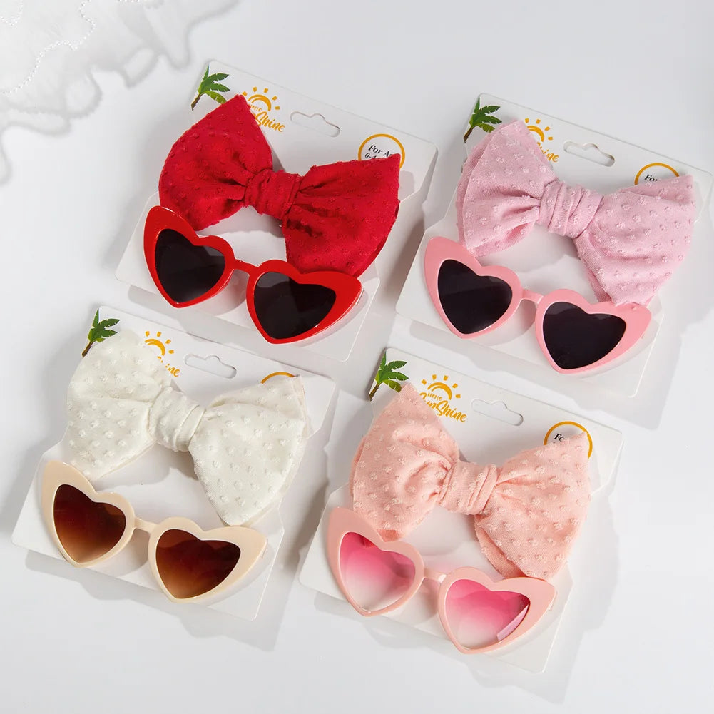 2Pcs/Card Retro Heart Shape Baby Sunglasses & Headbands Set Swiss Dots