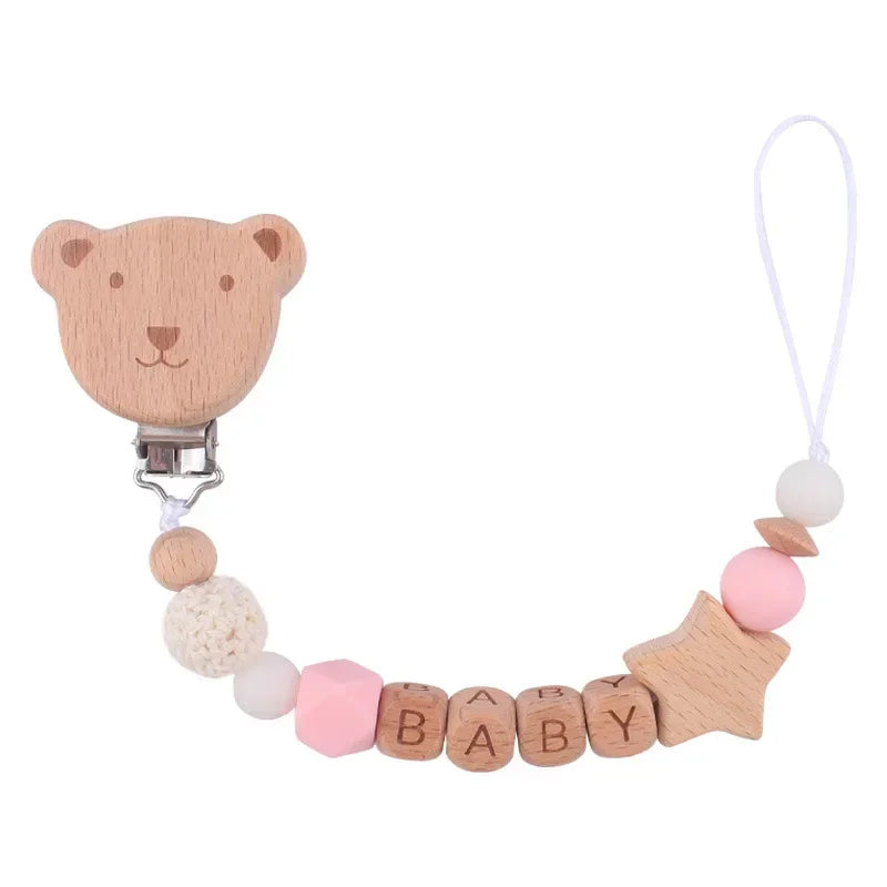 Baby Pacifiers Clips Personalized Name Cartoon Bear Beech wooden Star