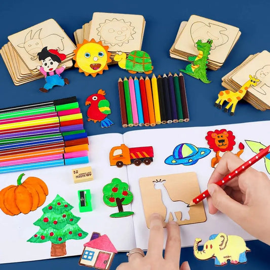 20pcs Montessori Kids Drawing Toys Wooden DIY Painting Stencils