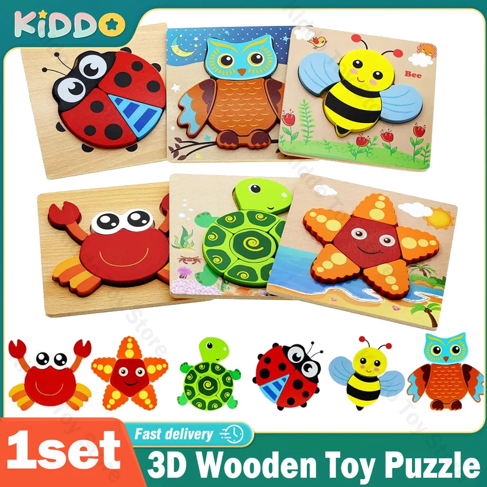 Wooden 3D Toys Puzzle Cartoon Animals Early Learning Cognition