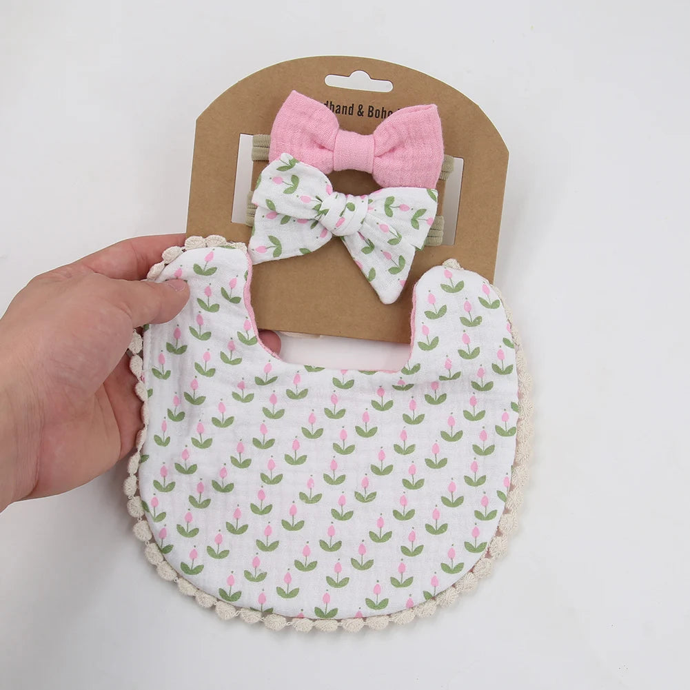 3Pcs/Set Baby Flower Bibs & Headbands Bow Nylon Hairbands Double Side