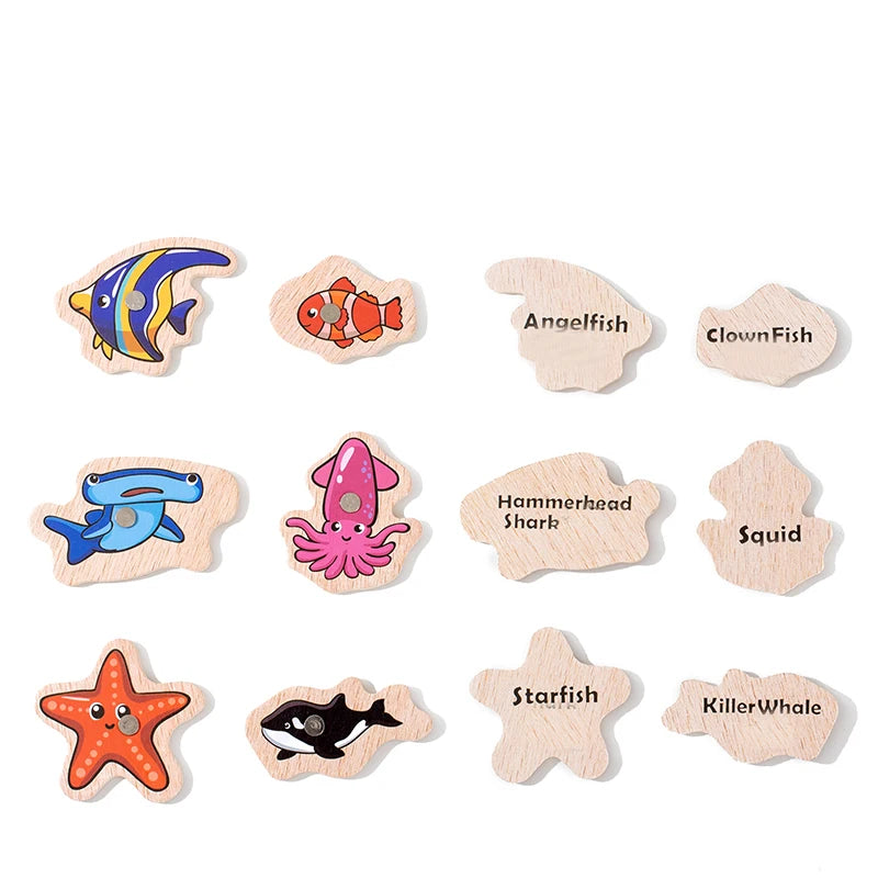 Montessori Wooden Magnetic Fishing Toys for Baby Cartoon Marine Life