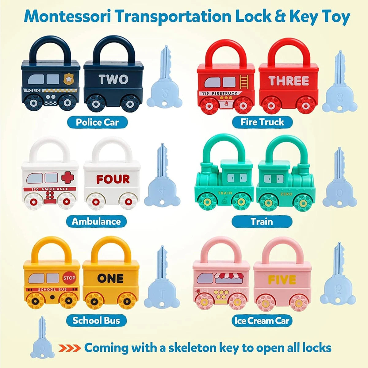 3Pcs Early Learning Lock Unlock Car Train Toy with Keys, Kids