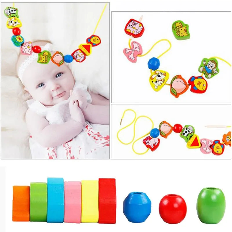 Monterssori Baby DIY Wooden Toys Cartoon Fruit Animal Stringing