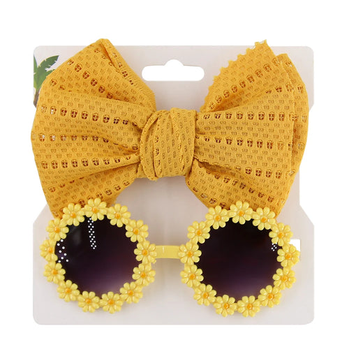 2Pcs/Card Daisy Baby Sunglasses Eyelet Bow Headband Set Elastic Nylon