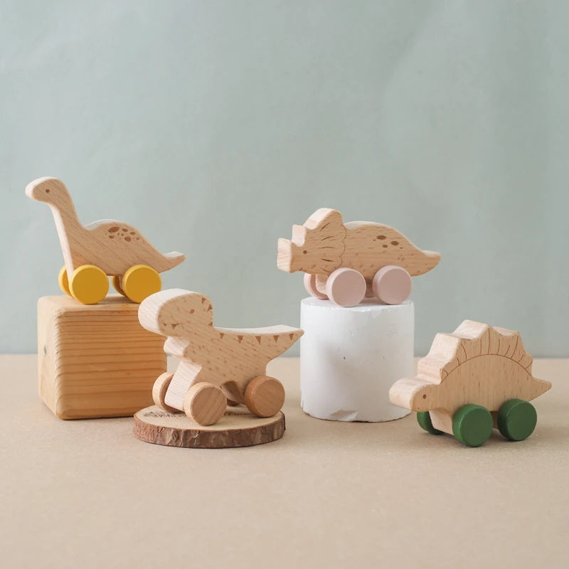 1PC Baby Toy Beech Wood Block Cartoon Dinosaur Car Educational