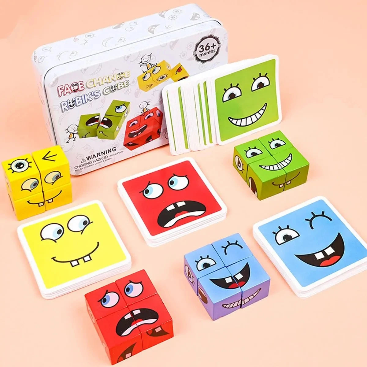 Kids Emotions Expression Game Wooden Cube Face Changing Board Cartoon