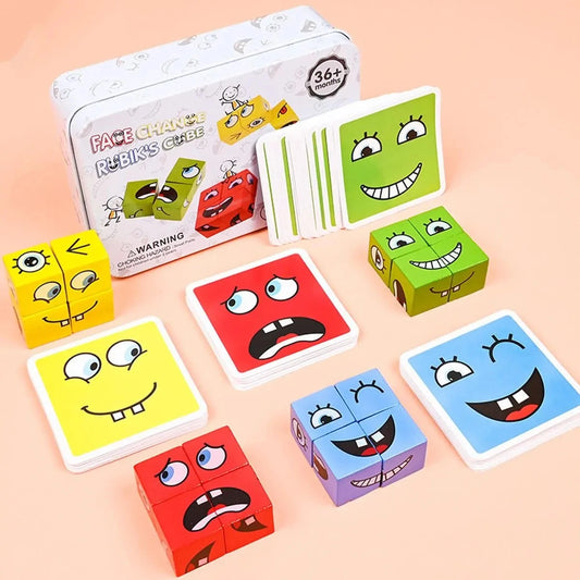 Kids Emotions Expression Game Wooden Cube Face Changing Board Cartoon