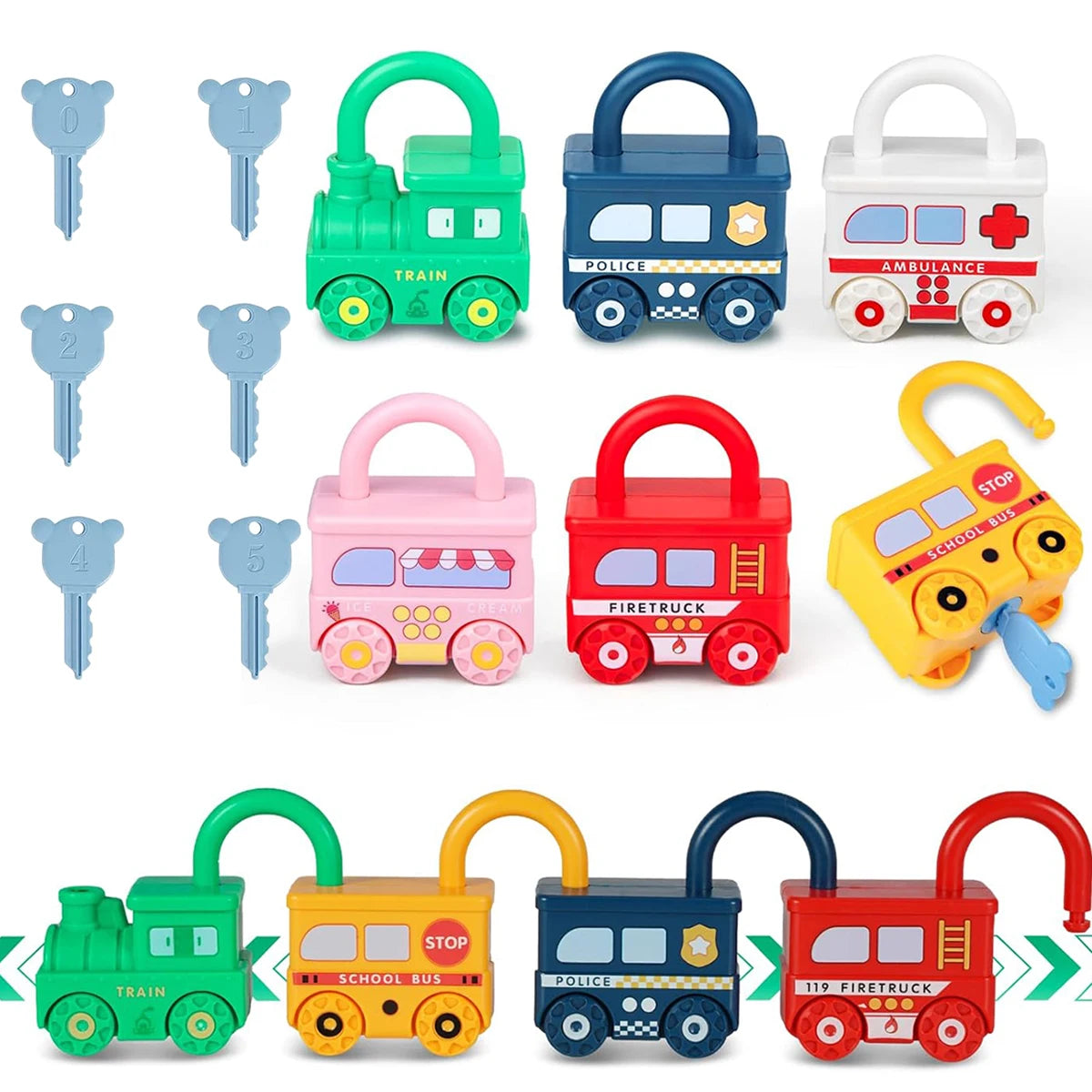 3Pcs Early Learning Lock Unlock Car Train Toy with Keys, Kids