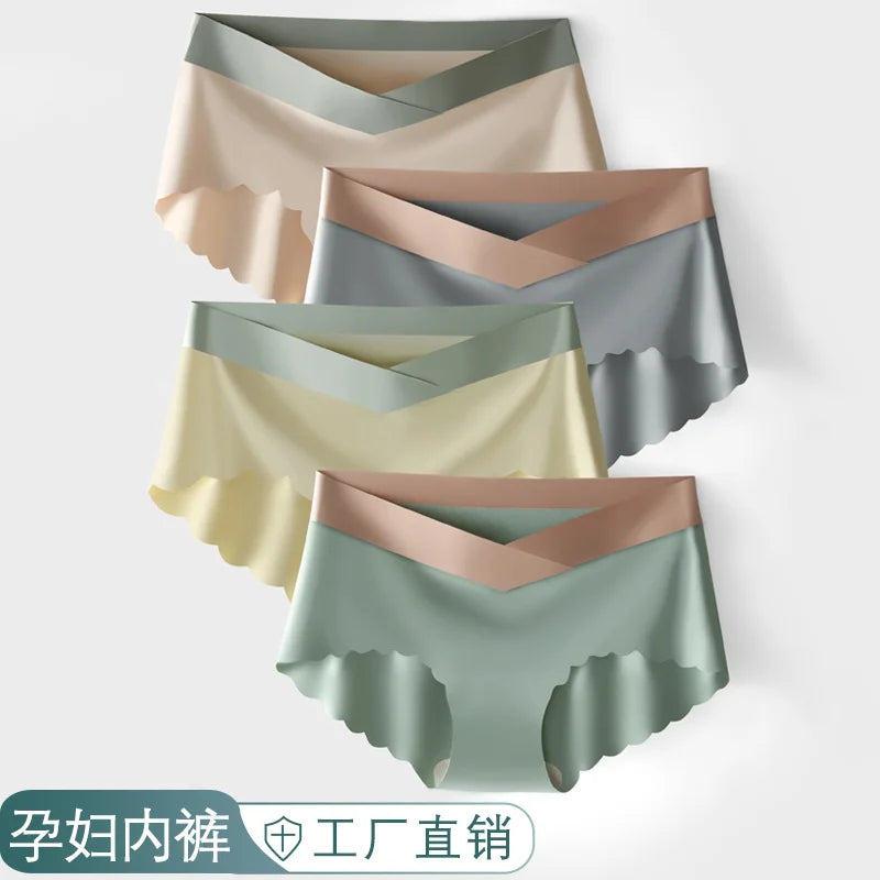 Summer Thin Ice Silk Cool Seamless Maternity Panties V Low Waist Belly