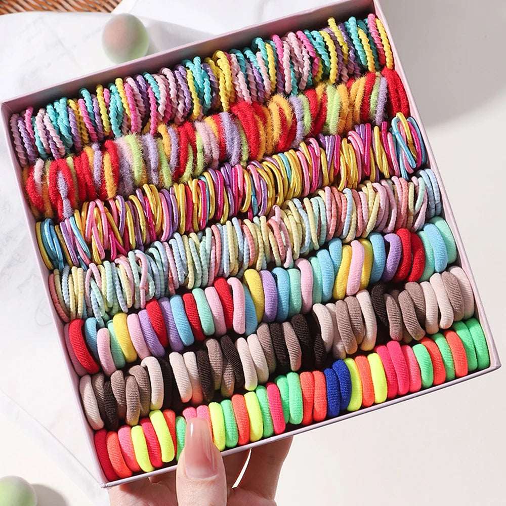 100Pcs/bag Girls Colorful Hair Bands Set Nylon Elastic Rubber Band