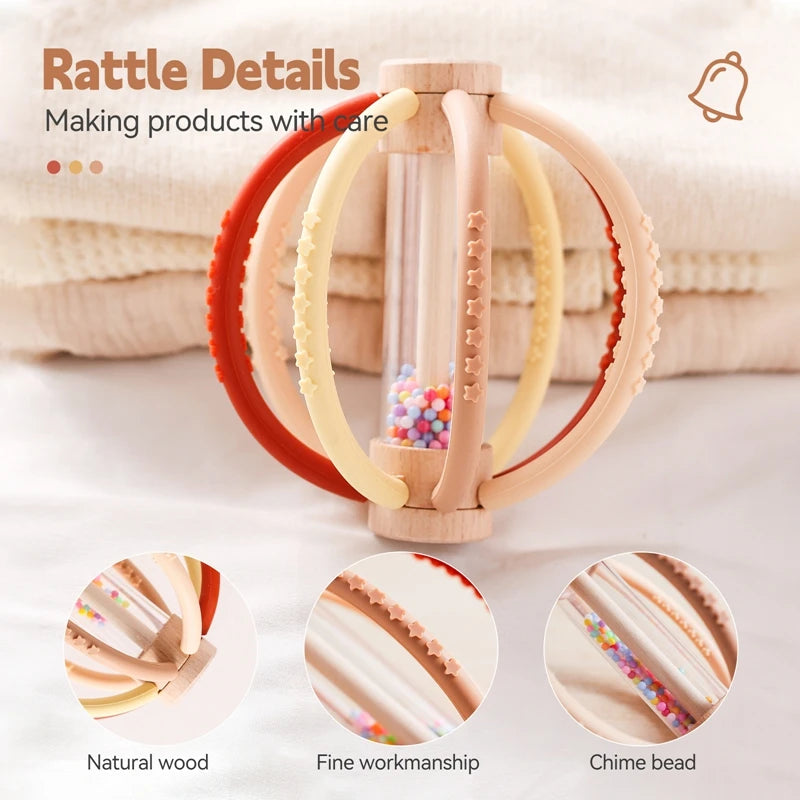 Baby Rattle Toy Wooden Rain Drum With Silicone Baby Sensory Touch Toy