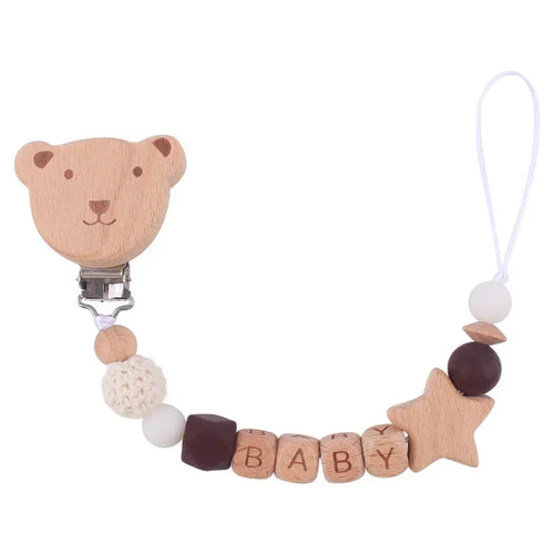 Baby Pacifiers Clips Personalized Name Cartoon Bear Beech wooden Star