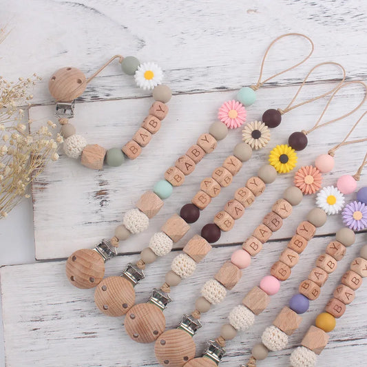 Handmade Free Personalized Name Silicone Wood Pacifier Clips Safe