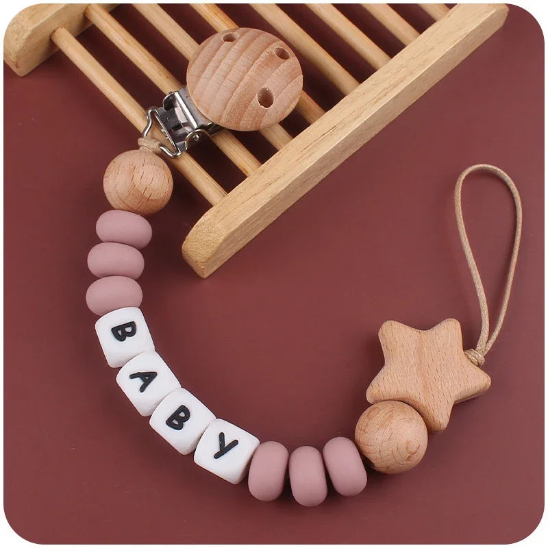 Baby Pacifiers Clips Wooden Star Personalized Name DIY Silicone Dummy