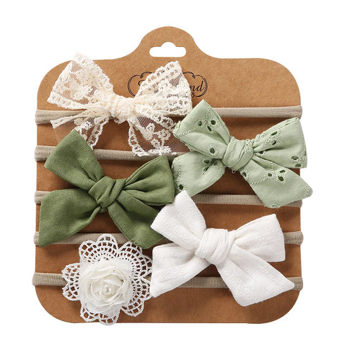 5Pcs/Set Baby Bow Headband Lace Flower Print Nylon Cotton Hair Bands