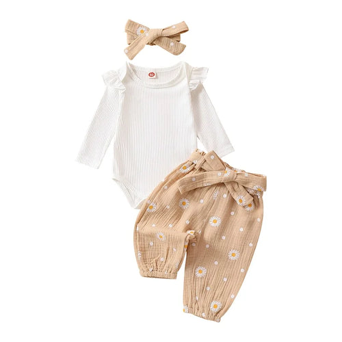 2023-11-03 Lioraitiin 0-24M Baby Girl Daisy Print Outfit Solid Ribbed