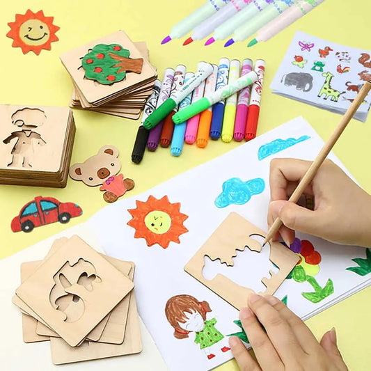 20pcs Montessori Kids Drawing Toys Wooden DIY Painting Stencils