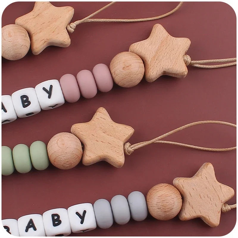 Baby Pacifiers Clips Wooden Star Personalized Name DIY Silicone Dummy