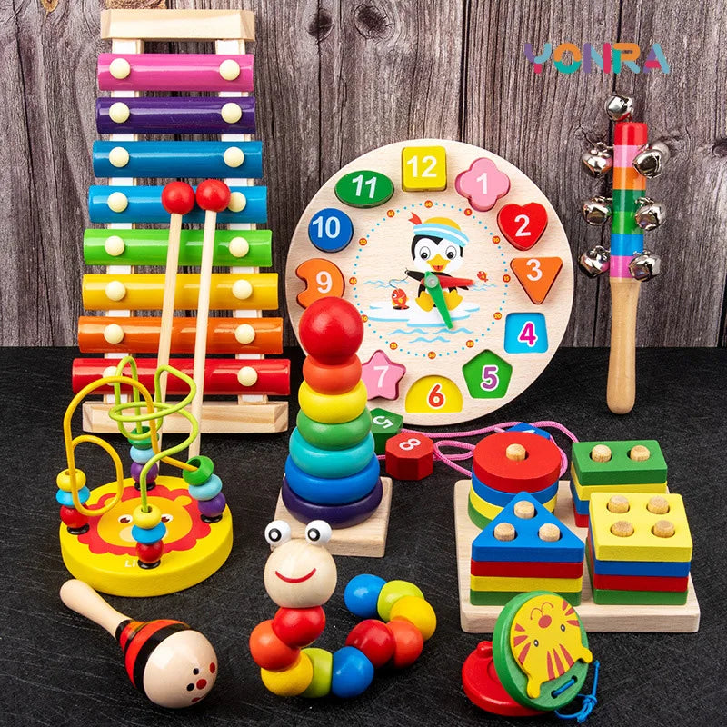 9 in 1 Wooden Montessori Toys Rattle Bell Drum Column Set Musical