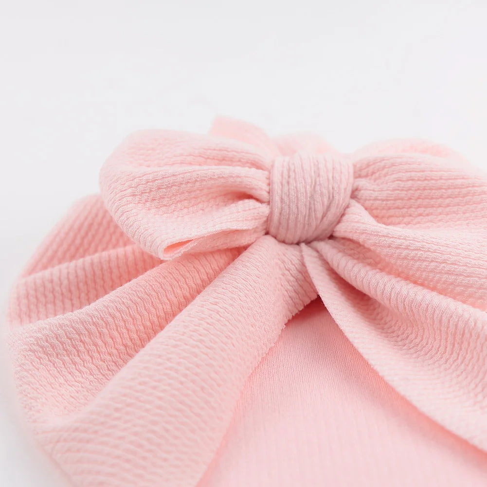 Solid Textured Ribbed Turban Baby Hats Bow Topknot Caps for Newborn