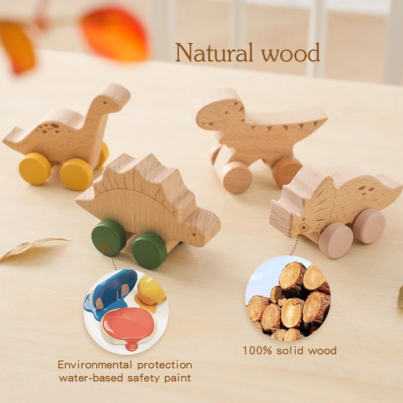 1PC Baby Toy Beech Wood Block Cartoon Dinosaur Car Educational