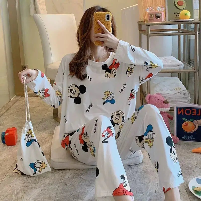 Cartoon Mickey and Minnie Print Girls Long Sleeve Pajamas Spring