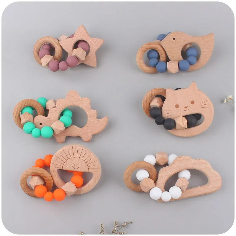 1-2pcs Baby Pacifier Clip Wooden Teethers Bracelet Set Cartoon Star