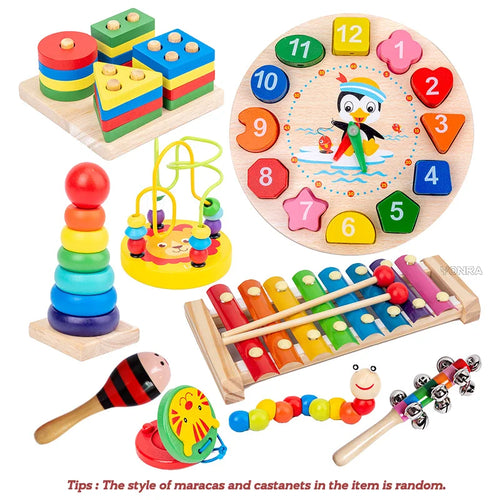 9 in 1 Wooden Montessori Toys Rattle Bell Drum Column Set Musical