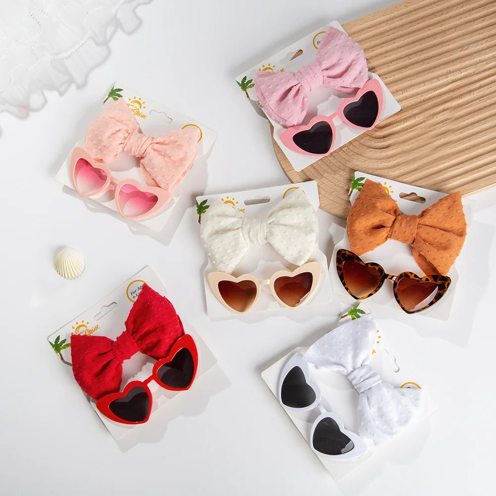 2Pcs/Card Retro Heart Shape Baby Sunglasses & Headbands Set Swiss Dots