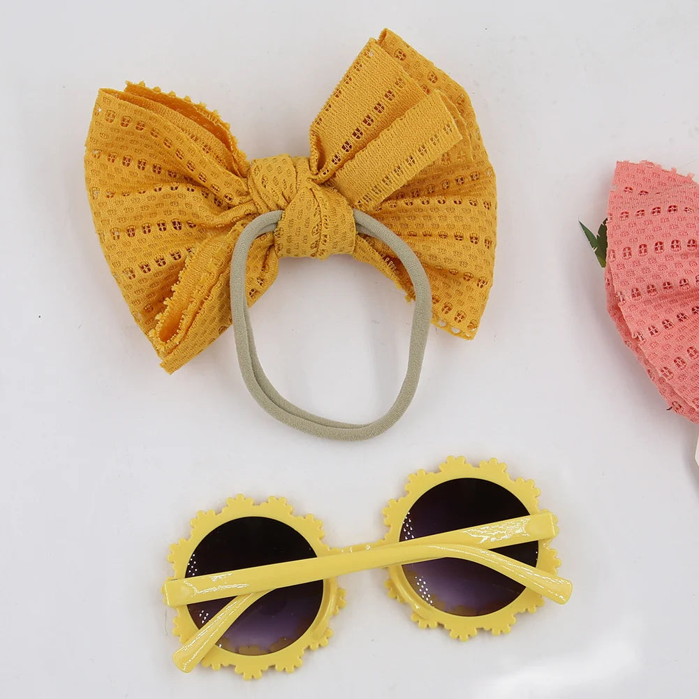 2Pcs/Card Daisy Baby Sunglasses Eyelet Bow Headband Set Elastic Nylon