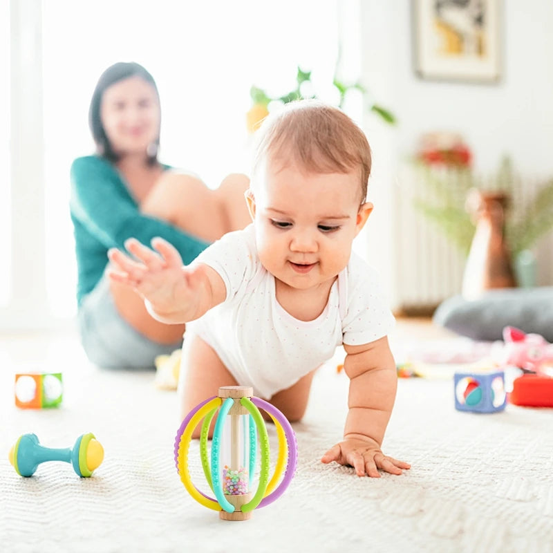 Baby Rattle Toy Wooden Rain Drum With Silicone Baby Sensory Touch Toy