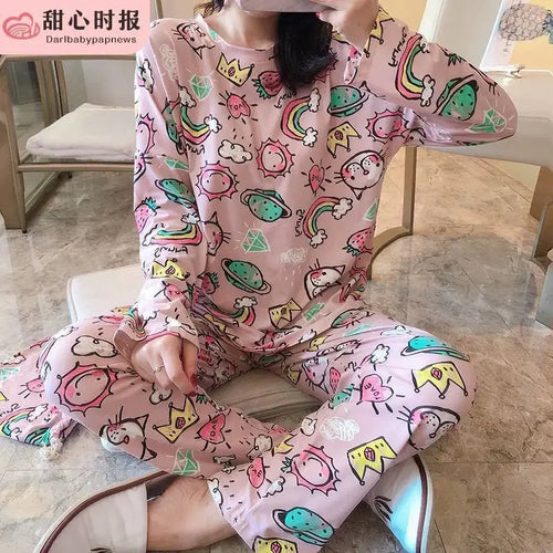 Cartoon Mickey and Minnie Print Girls Long Sleeve Pajamas Spring