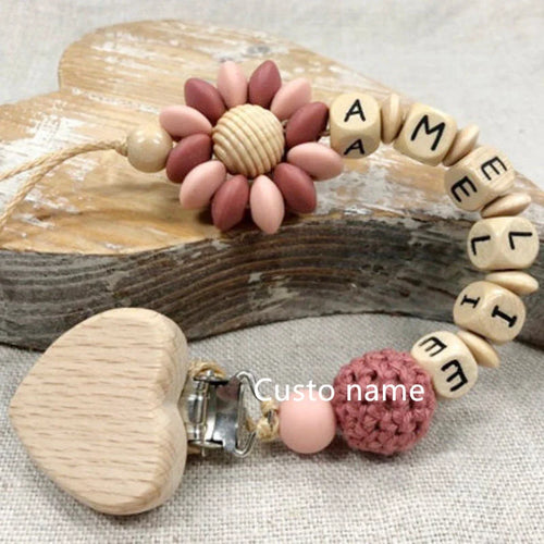 Custom Name Silicone Beads Wooden Ring Pacifier Clips Safe Teething