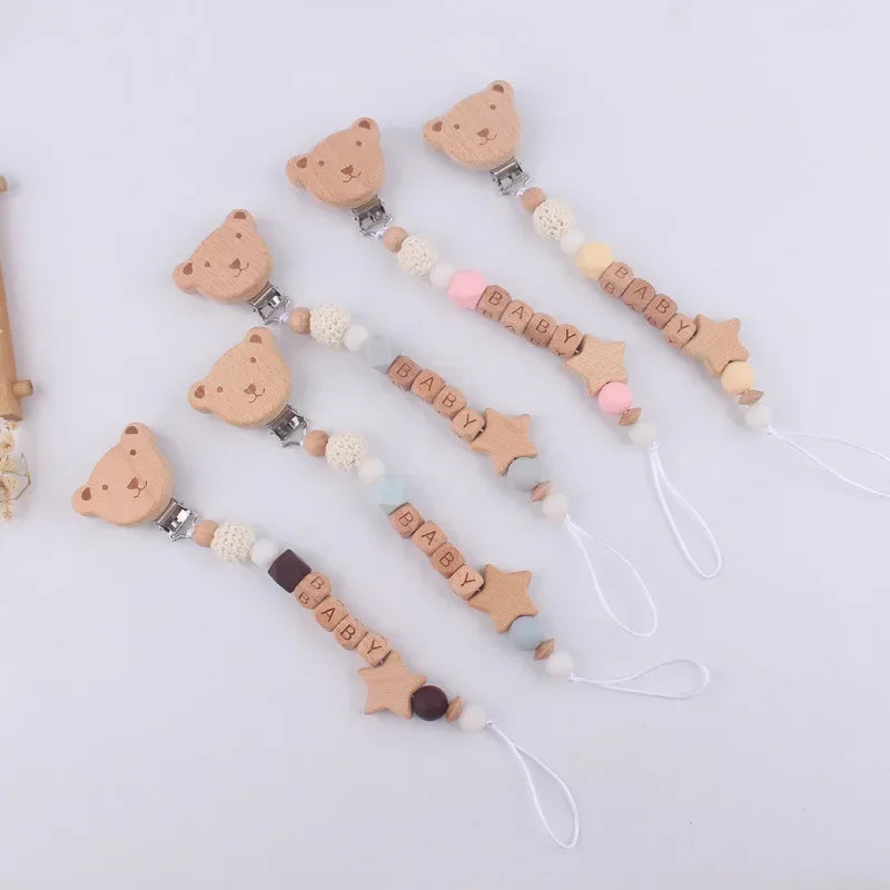 Baby Pacifiers Clips Personalized Name Cartoon Bear Beech wooden Star