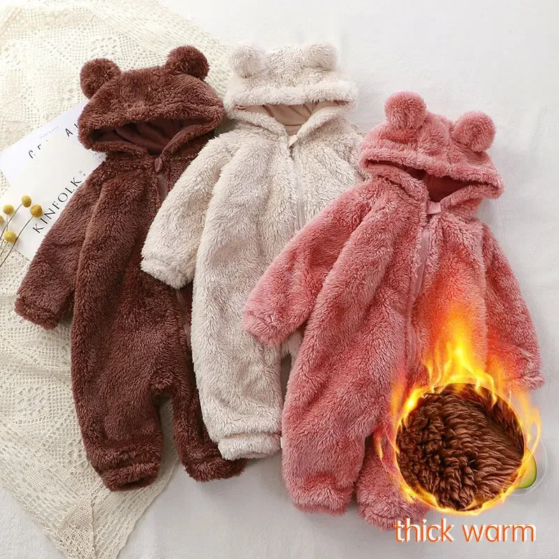 Thick Warm Baby Rompers Cute Winter Infant Jumpsuits Hooded Coral