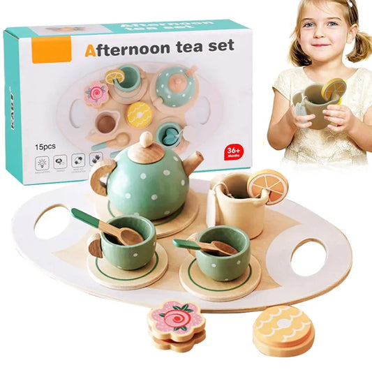 15pcs Wooden Tea Toys Pretend Play Kitchen Accessories Food Playset