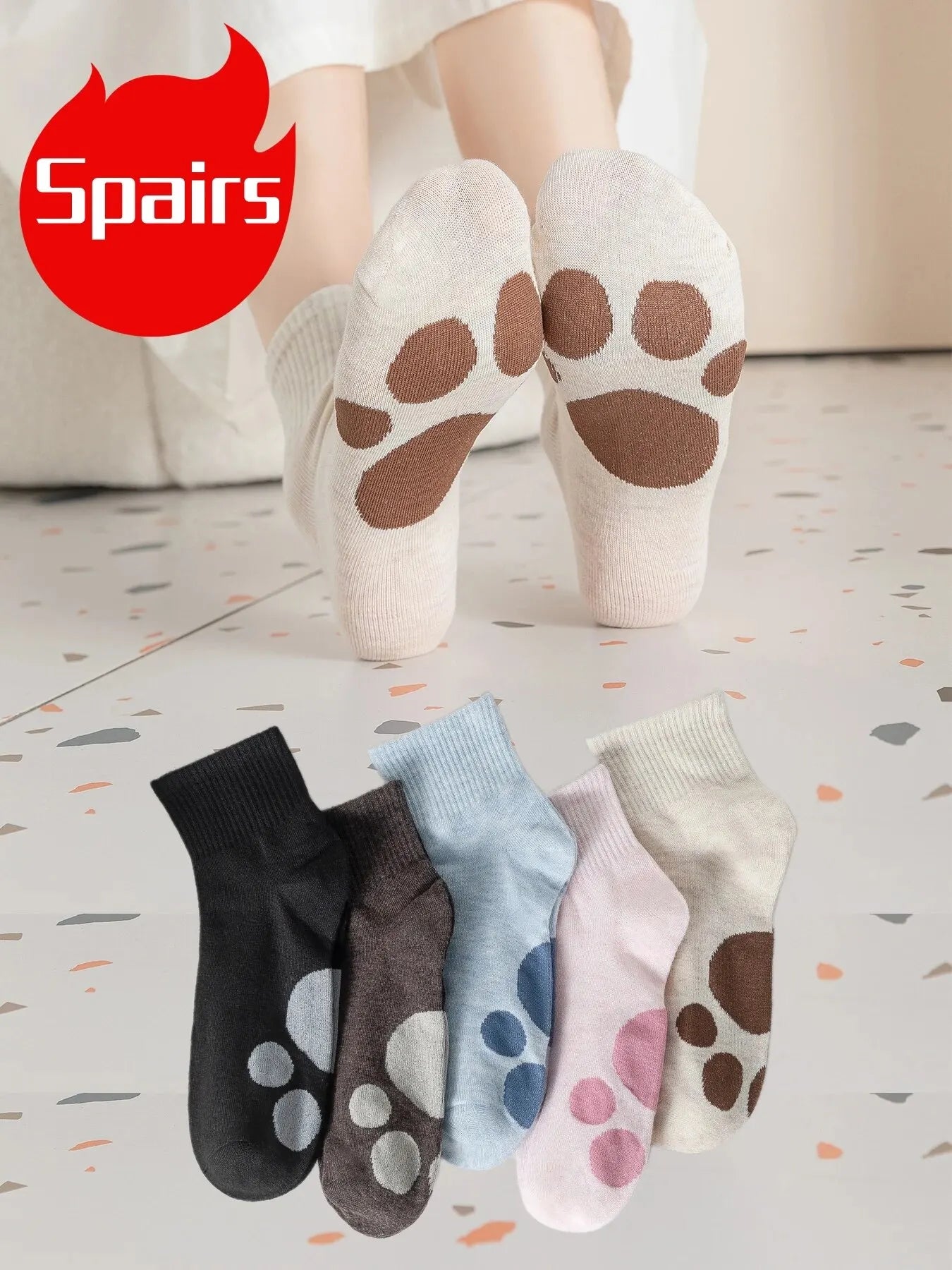 5 Pairs of Women's Mid Length Socks with Paw Pattern on the Soles of