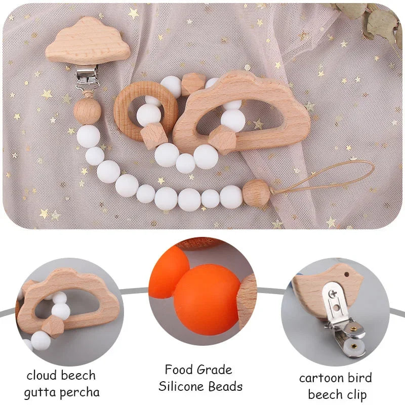 1-2pcs Baby Pacifier Clip Wooden Teethers Bracelet Set Cartoon Star