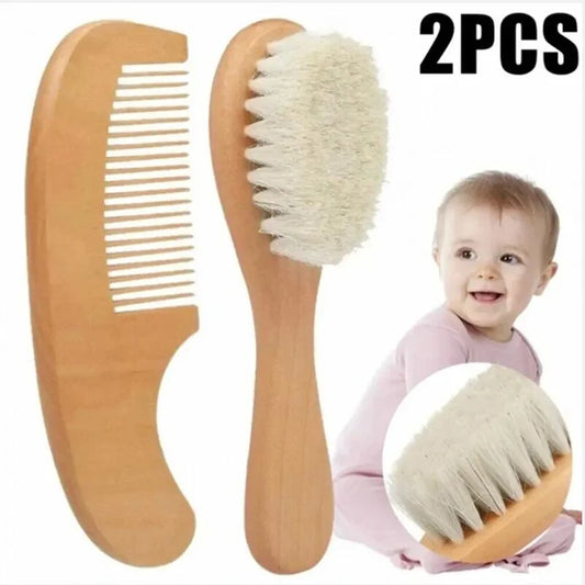 2PCS Newborn Wool Baby Wooden Brush Comb Newborn Hair Brush Infant