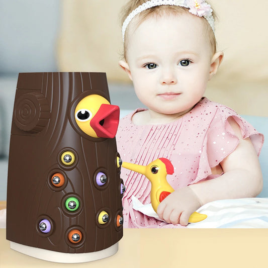 Montessori Baby Wooden Toys Magnetic Woodpecker Catching Worms Feeding