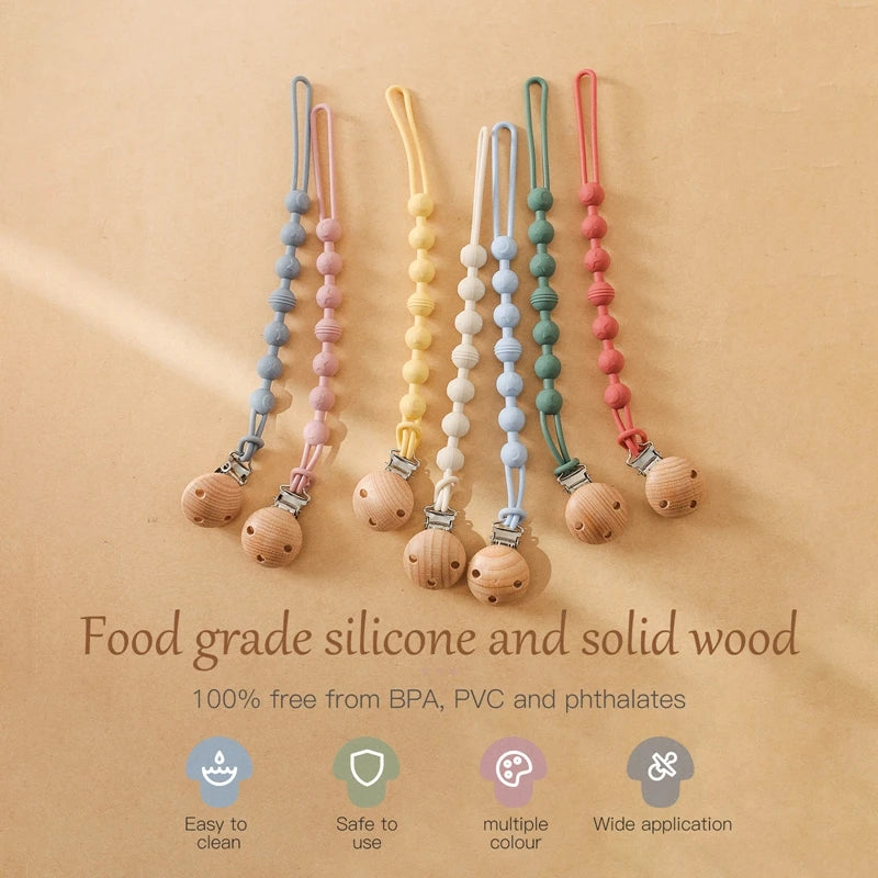 Beech Wood Chew Bead Pacifier Clips Dummy Chain Holder Newborn Soother