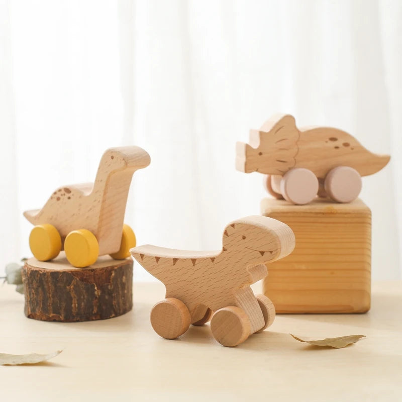 Wooden Baby Car Toys Beech Wooden Dinosaur Cartoon Car Teether