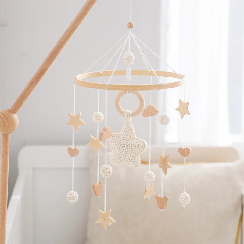 Baby Crib Mobile Bed Bell Rattle Toys Wooden Crochet Stars Pendant Bed