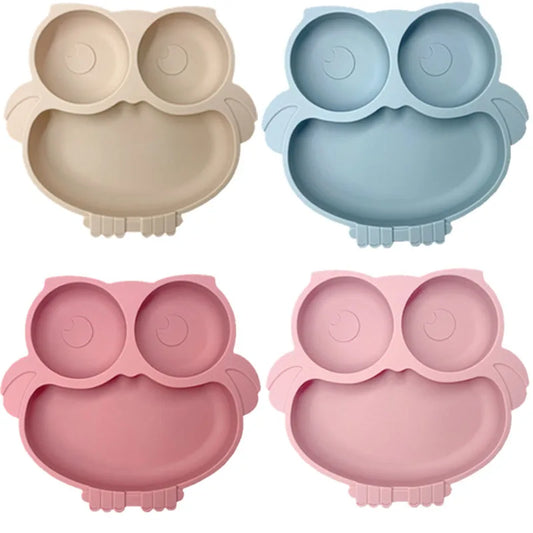 BPA Free Cute Owl Children Dishes Suction Plates Silicone Baby Dining