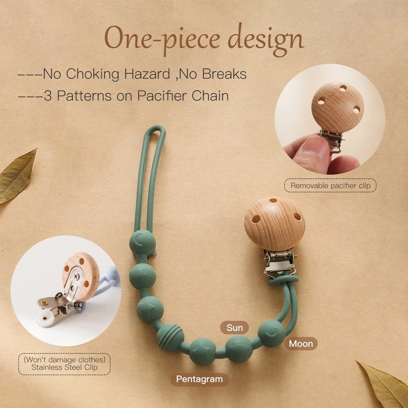 Beech Wood Chew Bead Pacifier Clips Dummy Chain Holder Newborn Soother