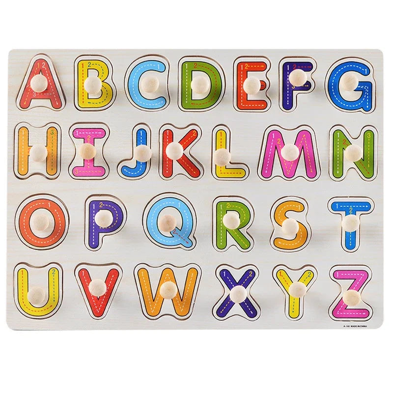 Baby Wooden Grab Board Number Letter Shape Recognition Puzzle Children